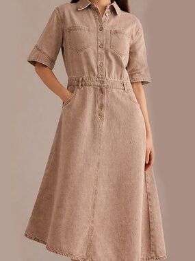 ALIGNE Mateo Asymmetric Denim Midi Dress Sand Cotton Button -  Sand